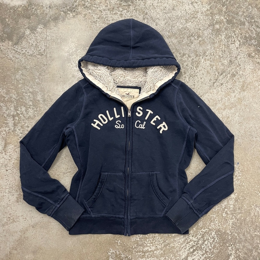 Hollister So Cal Navy Blue Sherpa Lined Full Zip Hoodie Womens Large